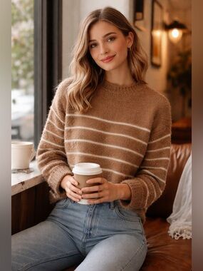J.Crew Textured Bouclé Stripe Sweater Brown Cream Cozy Knit Size M